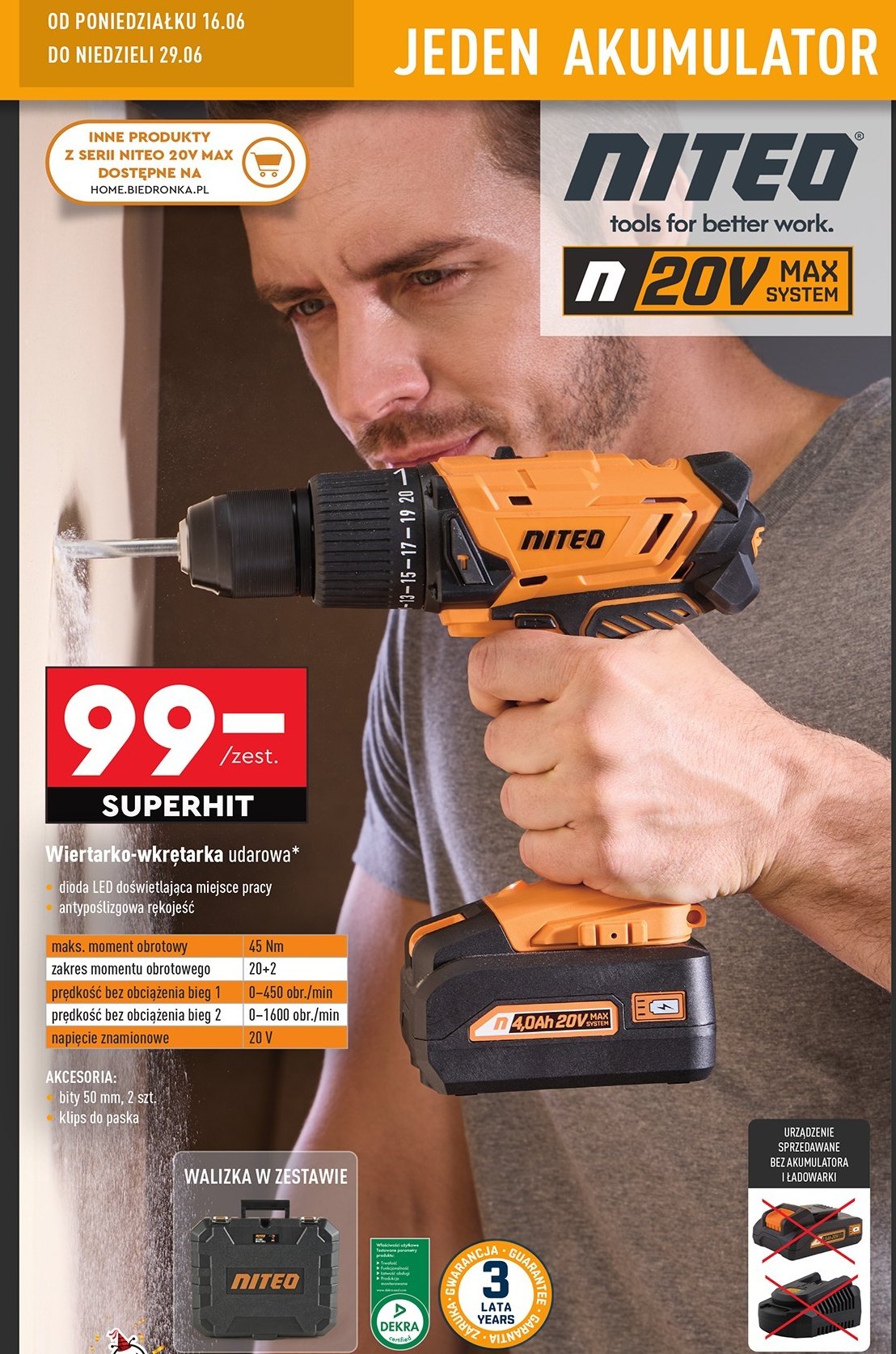 Wiertarko-wkrętarka udarowa 20 v Niteo tools promocja w Biedronka