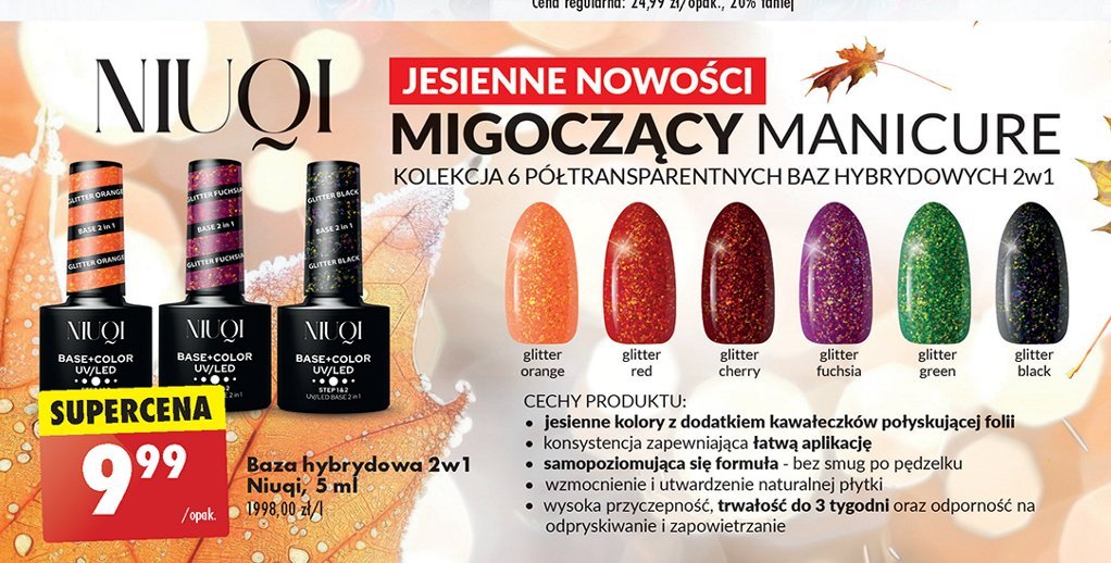 Baza hybrydowa 2w1 półtransparentna glitter orange Niuqi promocja