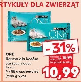 Karma dla kota indoor formula cielęcina z marchewką + tuńczyk z zieloną fasolką Purina one promocja