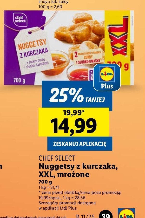 Nuggetsy z kurczaka z sosem curry i słodko kwaśnym Chef select promocja w Lidl