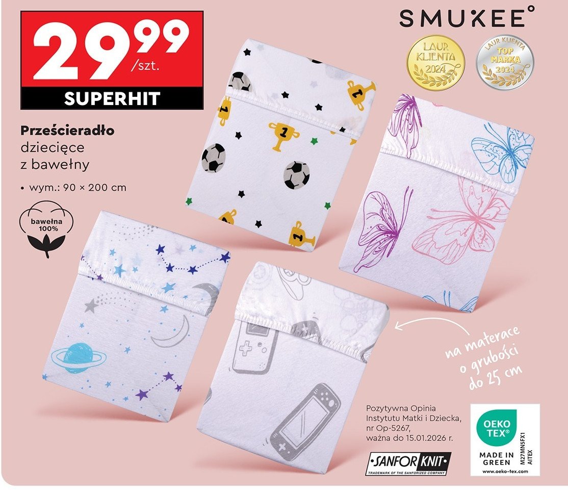 Prześcieradło dziecięce 90 x 200 cm Smukee promocja w Biedronka