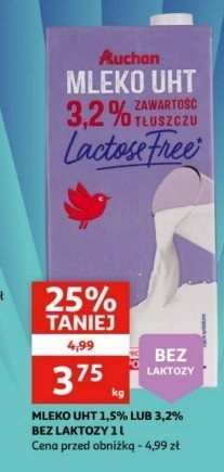 Mleko 3.2% bez laktozy Auchan różnorodne (logo czerwone) promocja