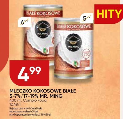 Mleczko kokosowe białe 5-7%/17-19% Mr. Ming Campio Food 400 ml promocja w Chata Polska