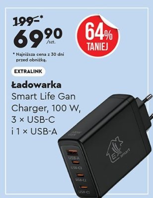 Ładowarka EXTRALINK Smart Life Gan Charger 100 W 3 x USB-C i 1 x USB-A promocja w Biedronka