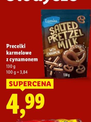 Precelki karmelowe z cynamonem Lumiss Salted Pretzel promocja w Lidl