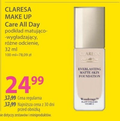 Podkład matująco-wygładzający CLARESA MAKE UP Care All Day różne odcienie 32 ml promocja w Hebe