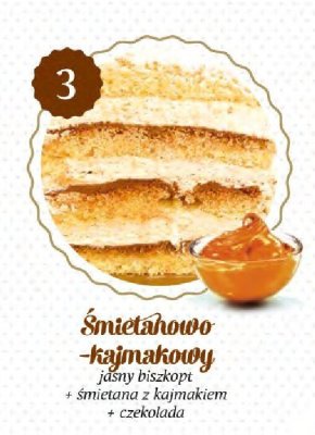 Tort śmietanowo-kajmakowy (jasny biszkopt + śmietana z kajmakiem + czekolada) Ciastkarnia Natalia i Szymon promocja w TOPAZ