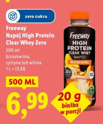 Napój wysokobiałkowy Freeway Napój High Protein Clear Whey Zero brzoskwinia, cytryna lub wiśnia promocja w Lidl