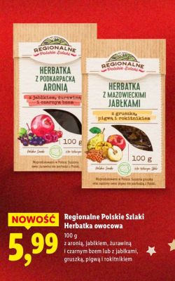 Herbatka Regionalne Polskie Szlaki Herbatka owocowa z aronią, jabłkiem, żurawiną i czarnym bzem lub z jabłkami, gruszką, pigwą i rokitnikiem promocja w Lidl