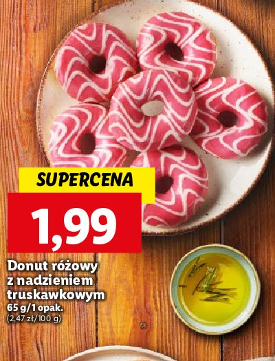 Donut r贸偶owy z nadzieniem truskawkowym Cukiernia lidla promocja