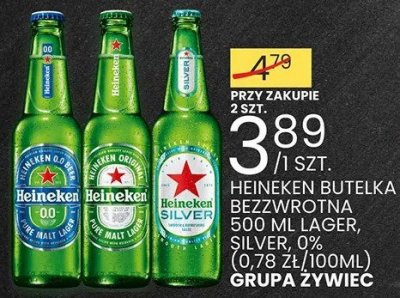 Piwo Heineken butelka bezwrotna 330 ml Lager, Silver, 0% (0,72 zł/100ml) Grupa Żywiec promocja w Wafelek