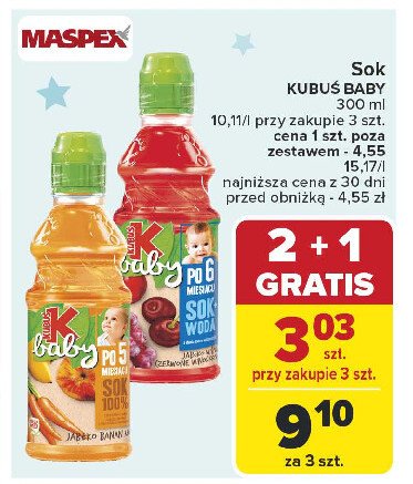 Sok + woda jabłko wiśnia czerwone winogrono Kubuś baby promocja w Carrefour