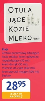 Zestaw prezentowy Ziaja Otulające kozie mleko krem odżywczo-wygładzający 50 ml, krem do rąk 50 ml, mleczko do ciała 400 ml, kremowy żel myjący 500 ml promocja w Drogerie DM