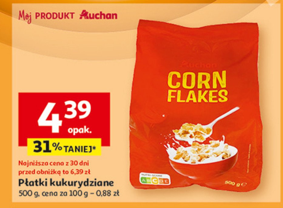 Płatki kukurydziane wzbogacone w 8 witamin Auchan promocja