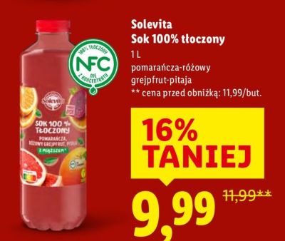 Sok 100% tłoczony Solevita, pomarańcza-różowy grejpfrut-pitaja promocja w Lidl