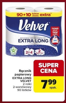 Ręcznik papierowy EXTRA LONG VELVET 2 rolki 2-warstwowy 90 listków promocja w Carrefour Express