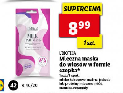 Maska mleczna do włosów w formie czepka proteiny mleczne z miodem manuka i ceramidami L'biotica milk therapy promocja