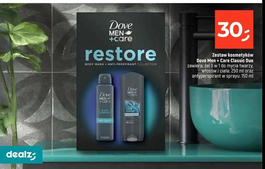 Zestaw refresh: żel pod prysznic 250 ml + dezodorant 150 ml Dove men+care promocja w Dealz