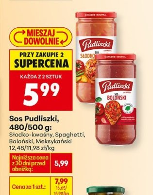 Sos Pudliszki 480/500g: słodko-kwaśny, spaghetti, bolonski, meksykański promocja w Biedronka