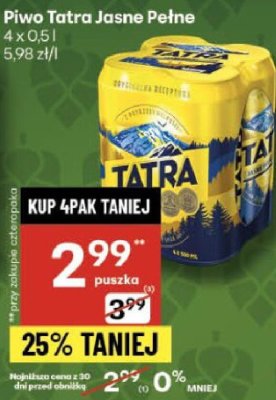 Piwo Piwo Tatra Jasne Pełne promocja w Delikatesy Centrum