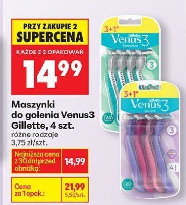 Maszynki do golenia Venus3 Gillette, 4 szt., różne rodzaje 3,75 zł/szt. promocja w Biedronka