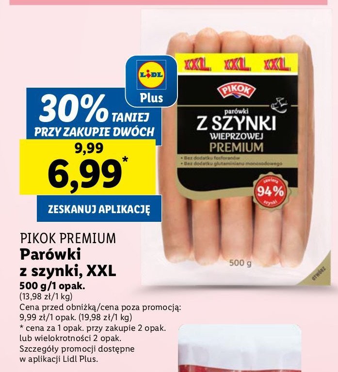 Parówki z szynki wieprzowej premium Pikok promocja