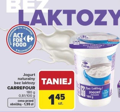 Jogurt naturalny bez laktozy CARREFOUR promocja w Carrefour