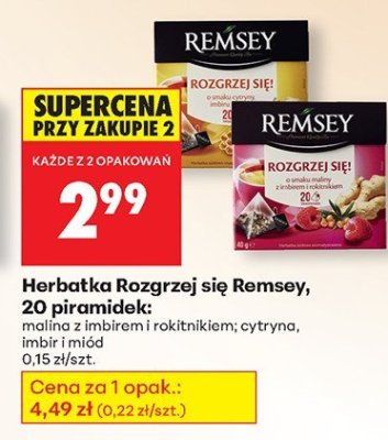Herbatka Rozgrzej się Remsey 20 piramidek malina z imbirem i rokitnikiem cytryna, imbir i miód promocja w Biedronka