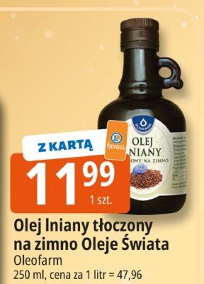 Olej lniany tłoczony na zimno Oleje Świata Oleofarm promocja w Leclerc
