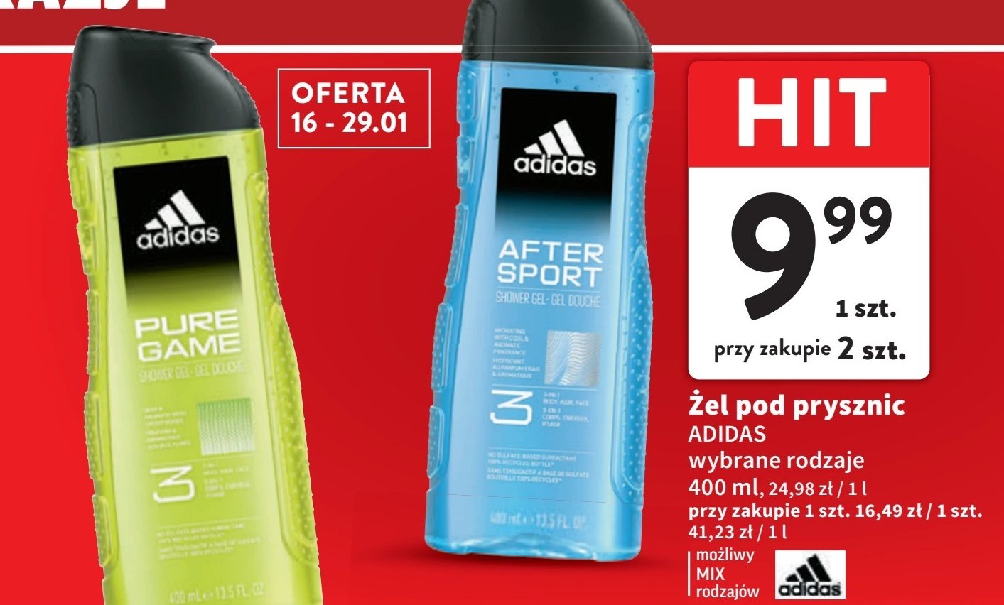 Żel pod prysznic 3w1 Adidas men pure game Adidas cosmetics promocja w Intermarche