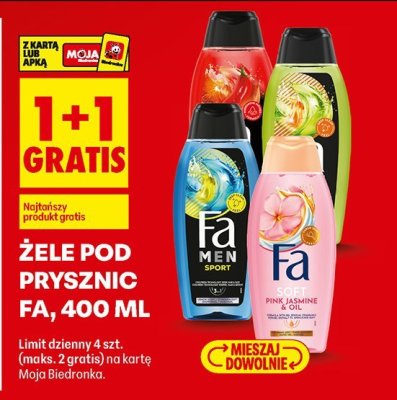 Żele pod prysznic Fa 1+1 gratis promocja w Biedronka