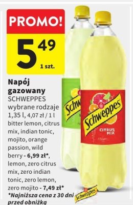 Napój gazowany SCHWEPPES wybrane rodzaje 1,35 l bitter lemon, citrus mix, indian tonic, mojito, orange passion, wild berry promocja w Intermarche