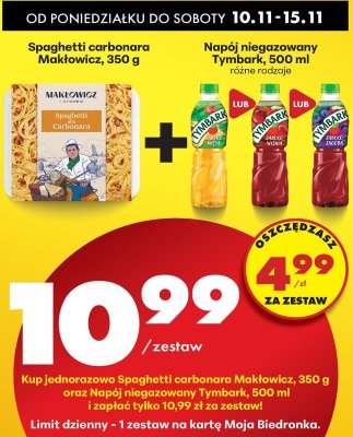 Zestaw - spaghetti carbonara Makłowicz + napój niegazowany Tymbark  promocja w Biedronka