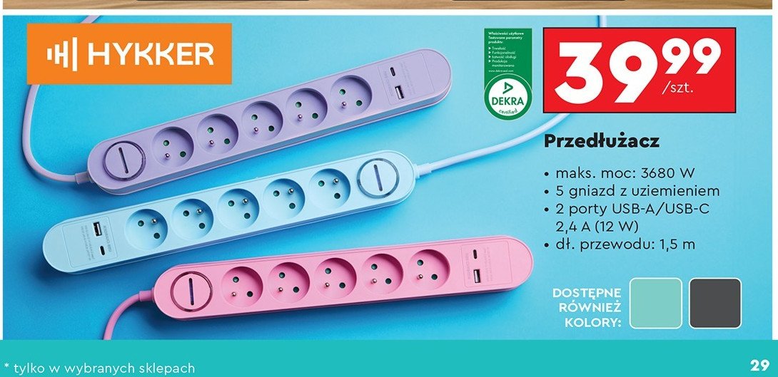 Przedłużacz 2 usb + 5 gniazd niebieski Hykker promocja w Biedronka