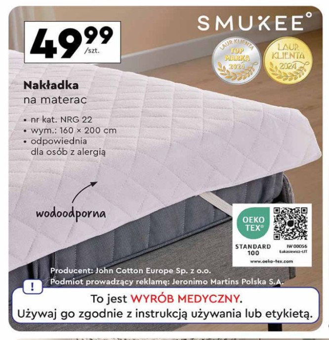 Nakładka na materac 160 x 200 cm Smukee promocja w Biedronka