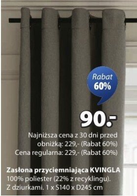 Zasłona przyciemniająca KVINGLA z dziurkami 140x245 cm promocja w Jysk
