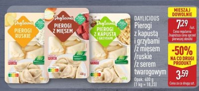Pierogi z kapustą z grzybami/z mięsem/ruskie/z serem wanigowym Daylicious opak. 400 g (1 kg = 16,23) promocja w Aldi