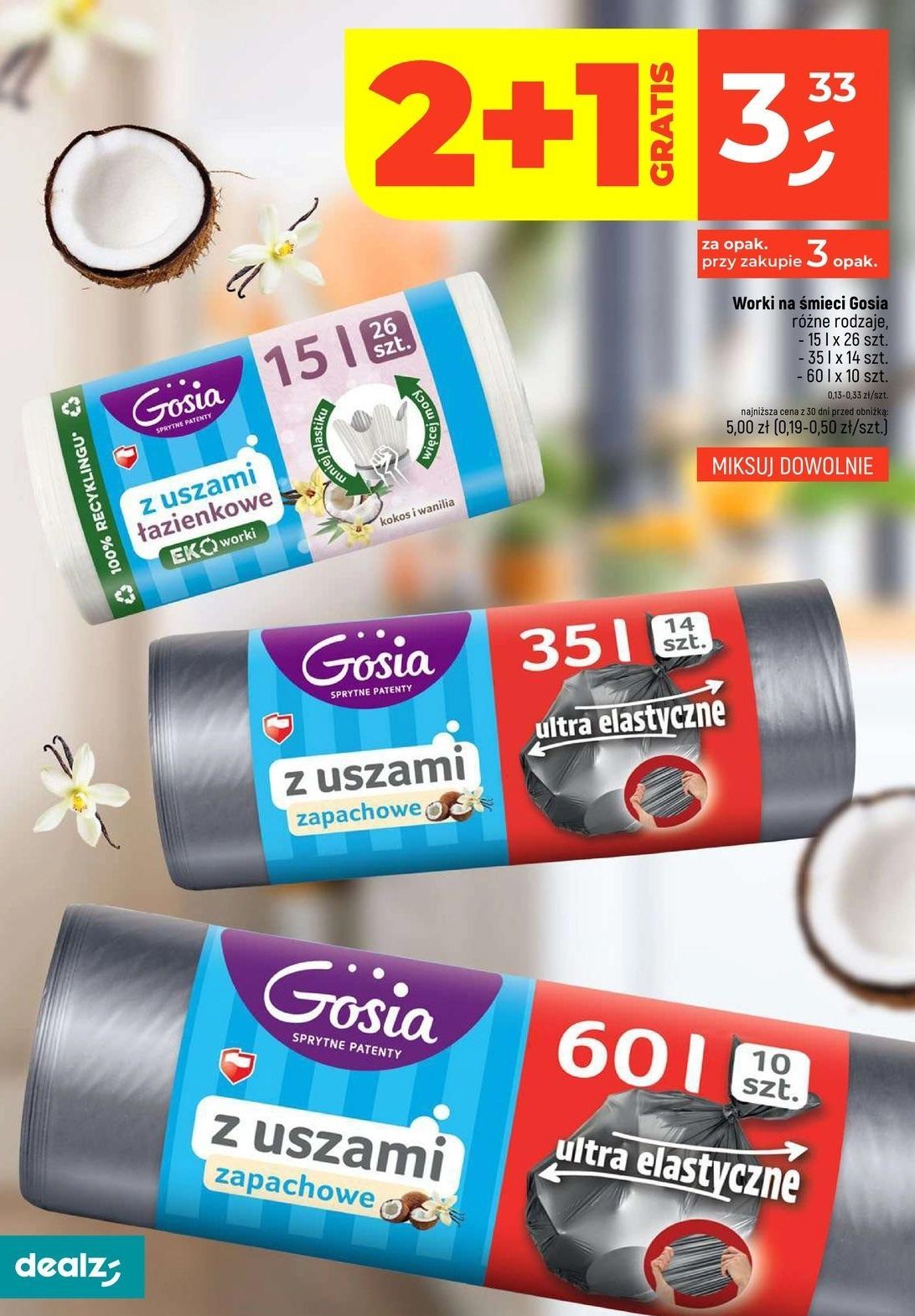 Worki na śmieci z uszami kokos i wanilia 60 l Gosia promocja w Dealz