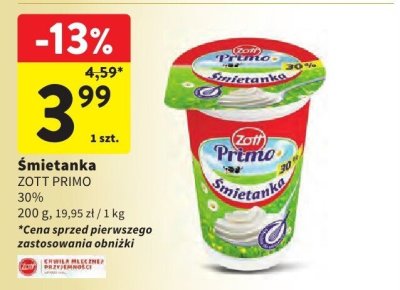 Śmietanka ZOTT PRIMO 30% promocja w Intermarche