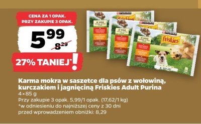 Karma mokra w saszetce dla psów z wołowiną, kurczakiem i jagnięciną Friskies Adult promocja w Netto