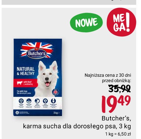 Karma dla psa z wołowiną Butcher's natural & healthy promocja w Rossmann