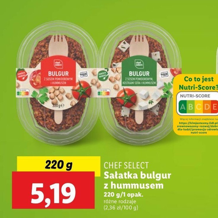 Sałatka bulgur z sosem pomidorowym kostkami sera i hummusem Chef select promocja