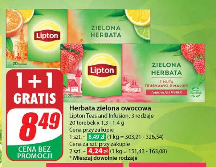 Herbata z nutą truskawki i maliny Lipton green tea promocja w Dino