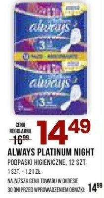 Podpaski higieniczne ALWAYS PLATINUM NIGHT promocja w Drogerie Natura