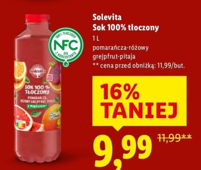 Sok Solevita Sok 100% tłoczony pomarańcza-różowy grejpfruit-pitaja promocja w Lidl