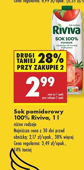 Sok pomidorowy 100% Riviva promocja w Biedronka