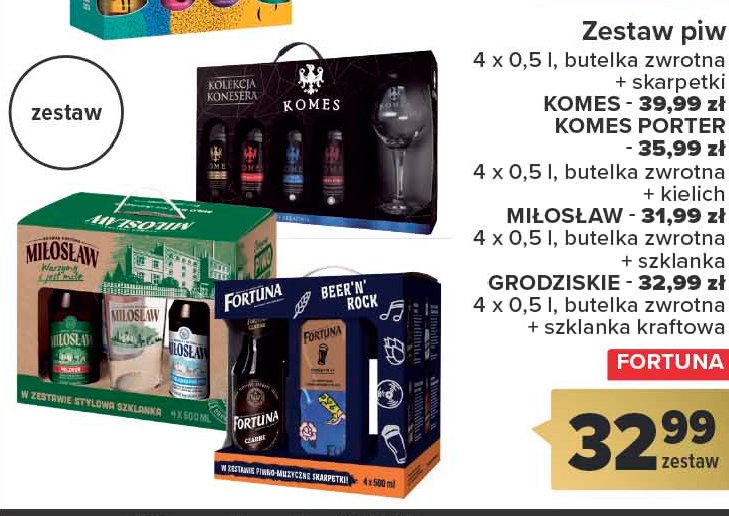 Zestaw piw + szklanka Fortuna czarne + komes porter bałtycki + miłosław warzy śmiało promocja
