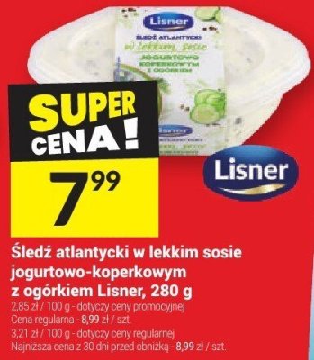 Śledź atlantycki w lekkim sosie jogurtowo-koperkowym z ogórkiem Lisner, 280 g promocja w Twój Market