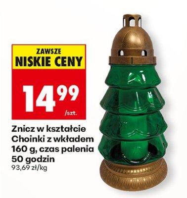 Znicz w kształcie Choinki z wkładem czas palenia 50 godzin promocja w Biedronka