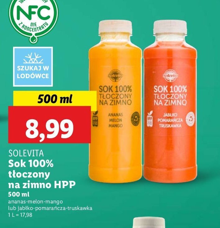 Sok 100% t艂oczony na zimno jab艂ko-pomara艅cza-truskawka Solevita promocja